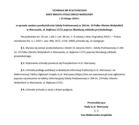 Informacja o likwidacji oddziału przedszkolnego w SP 204